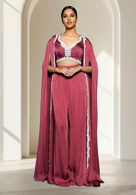 Pink Jacket Set With Hand Embroidered Blouse And Palazzo