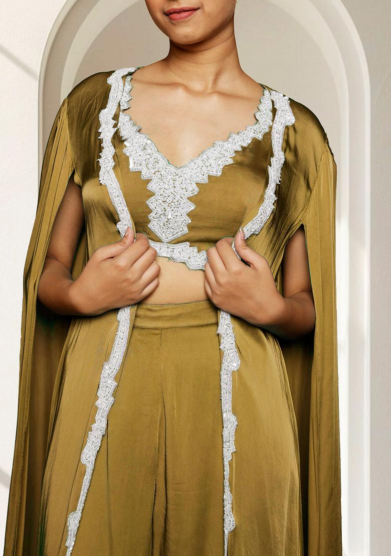 Green Jacket Set With Hand Embroidered Blouse And Palazzo