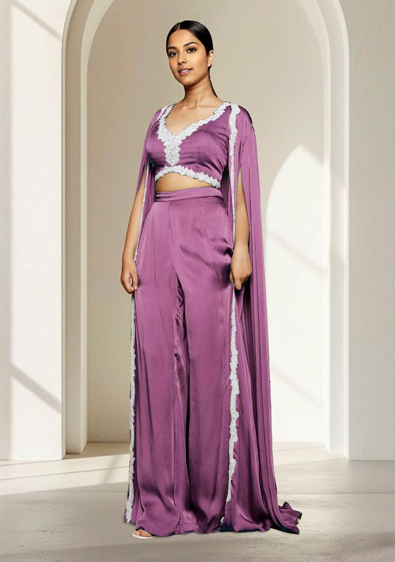 Purple Jacket Set With Hand Embroidered Blouse And Palazzo
