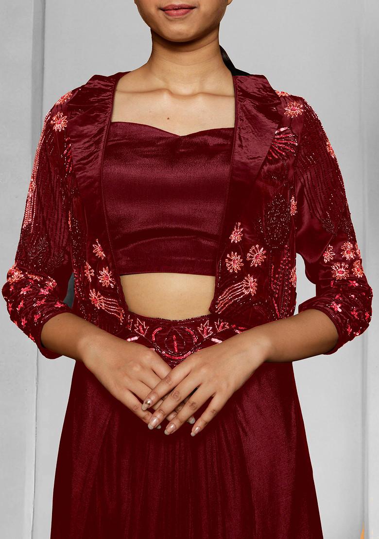 Maroon Jacket Set With Hand Embroidered Blouse And Skirt