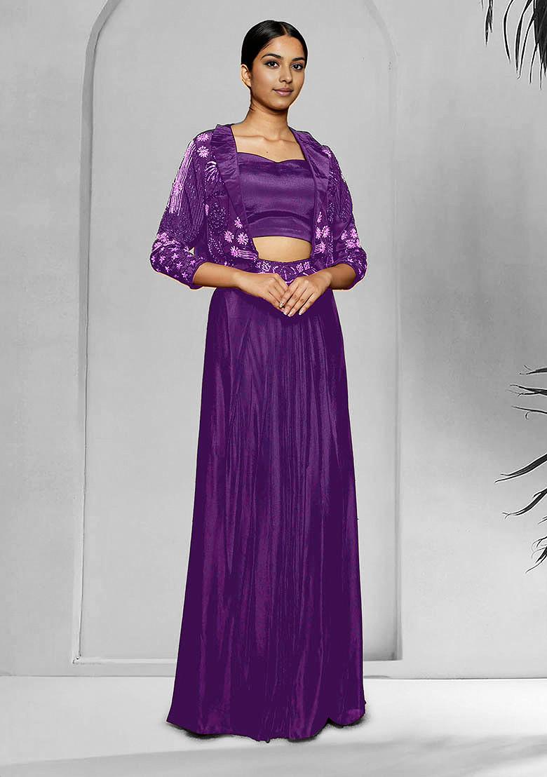 Purple Jacket Set With Hand Embroidered Blouse And Skirt