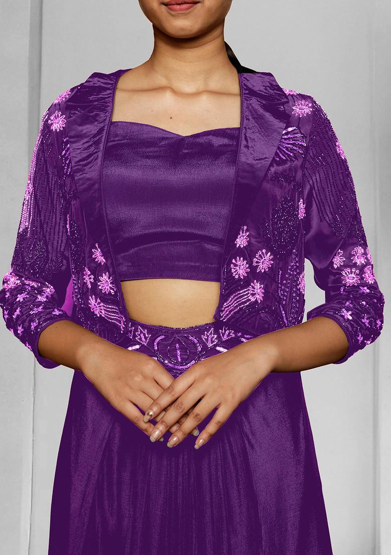 Purple Jacket Set With Hand Embroidered Blouse And Skirt