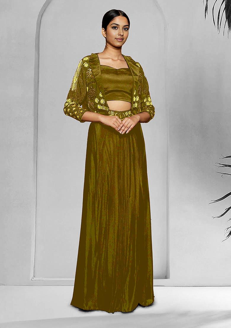 Golden Jacket Set With Hand Embroidered Blouse And Skirt