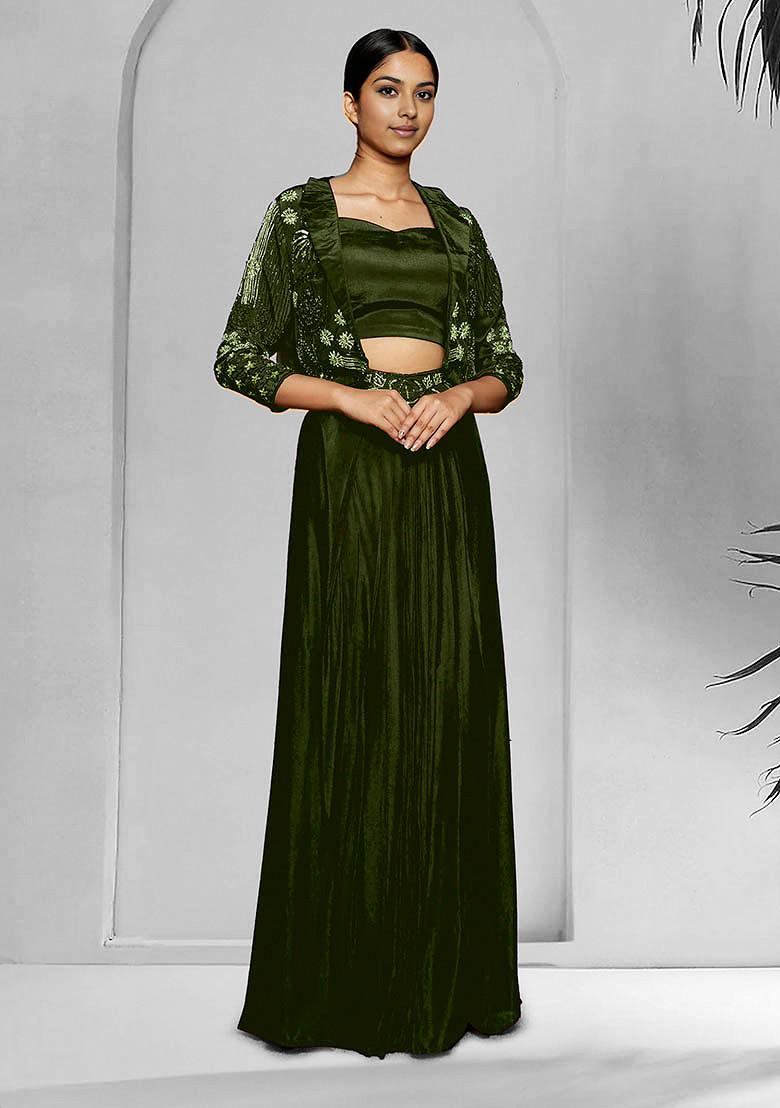 Green Jacket Set With Hand Embroidered Blouse And Skirt