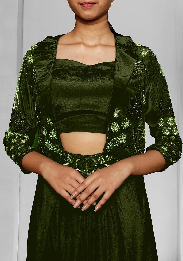 Green Jacket Set With Hand Embroidered Blouse And Skirt