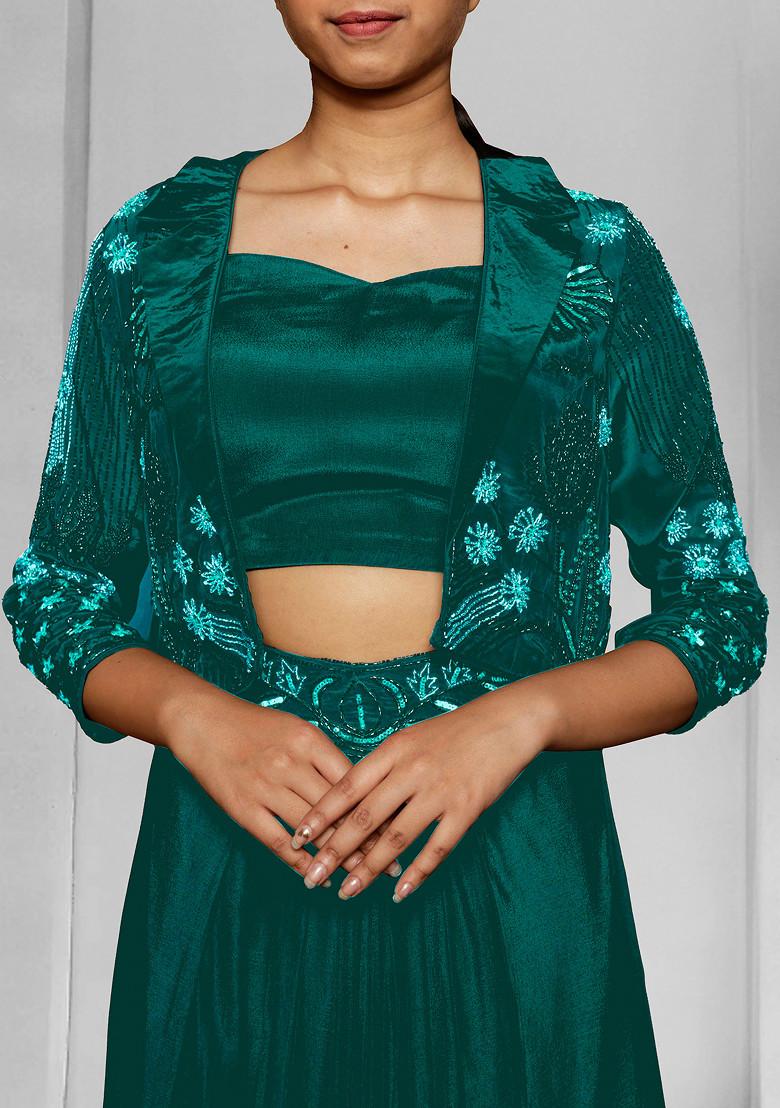 Blue Jacket Set With Hand Embroidered Blouse And Skirt