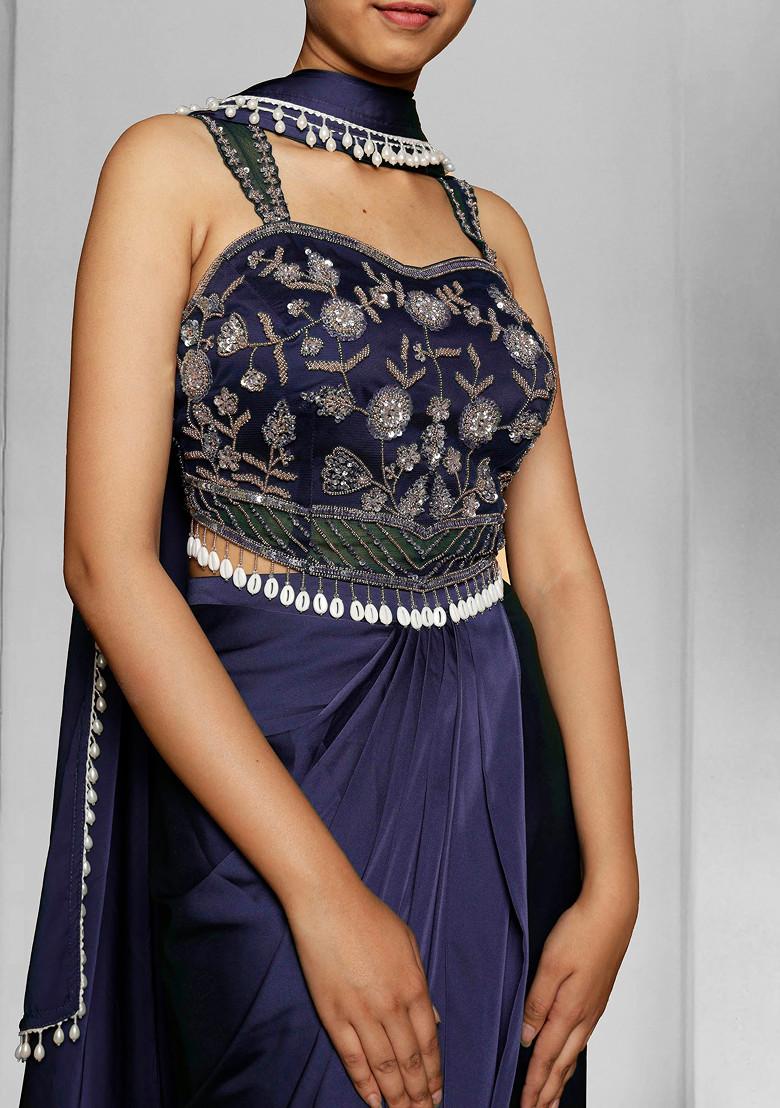 Blue Skirt Set With Hand Embroidered Blouse And Dupatta