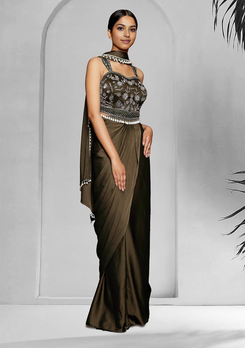 Brown Skirt Set With Hand Embroidered Blouse And Dupatta