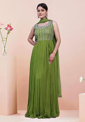 Green Hand Embroidered Anarkali Set With Dupatta
