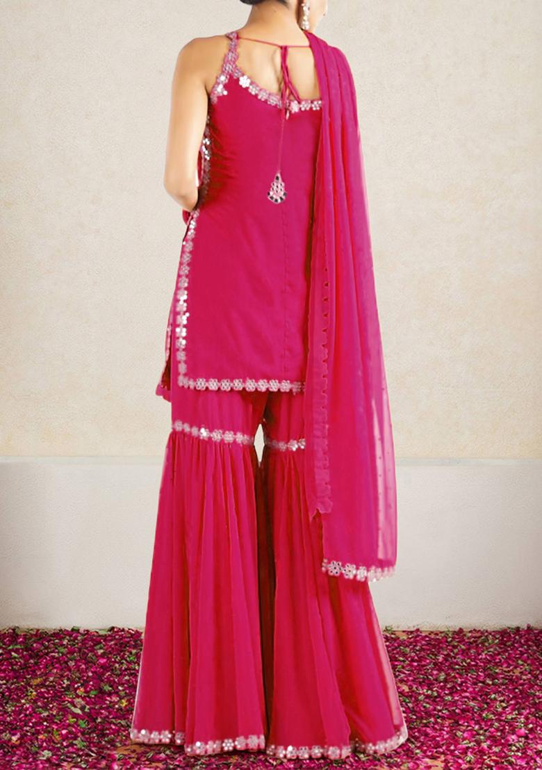 Fuschia Pink Sharara Set With Hand Embroidered Kurta And Dupatta