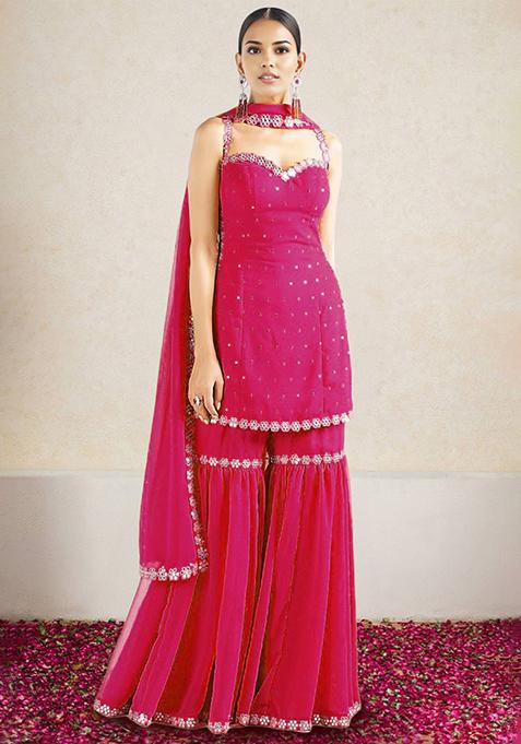 Fuschia Pink Sharara Set With Hand Embroidered Kurta And Dupatta