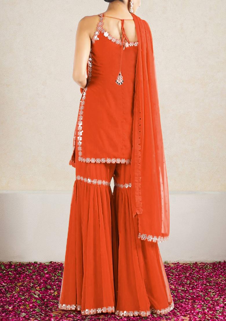 Burnt Orange Sharara Set With Hand Embroidered Kurta And Dupatta