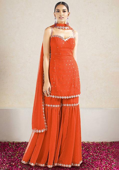 Burnt Orange Sharara Set With Hand Embroidered Kurta And Dupatta