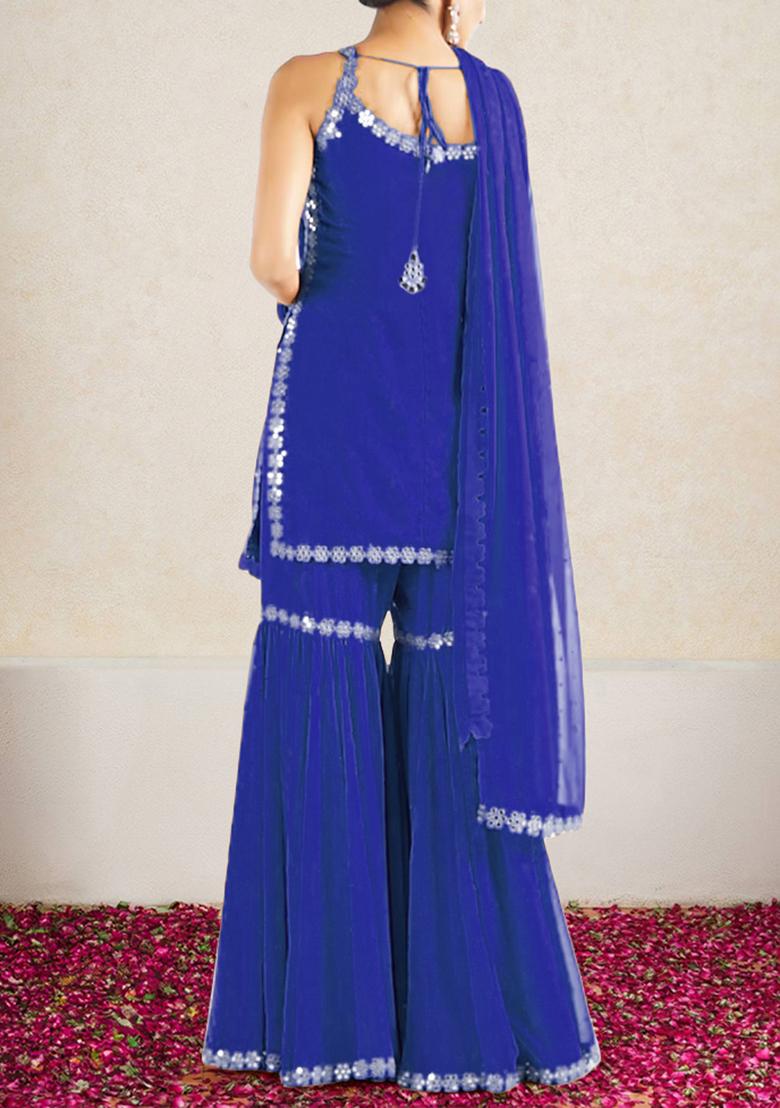 Royal Blue Sharara Set With Hand Embroidered Kurta And Dupatta