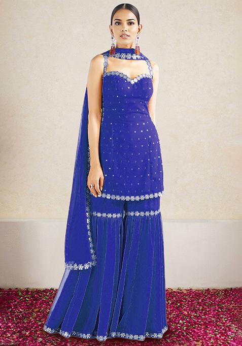 Royal Blue Sharara Set With Hand Embroidered Kurta And Dupatta