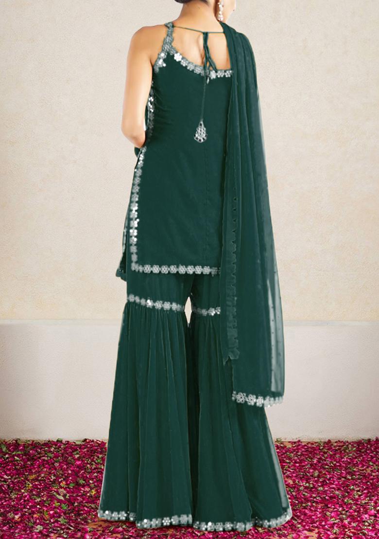 Dark Green Sharara Set With Hand Embroidered Kurta And Dupatta