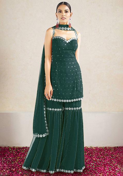 Dark Green Sharara Set With Hand Embroidered Kurta And Dupatta