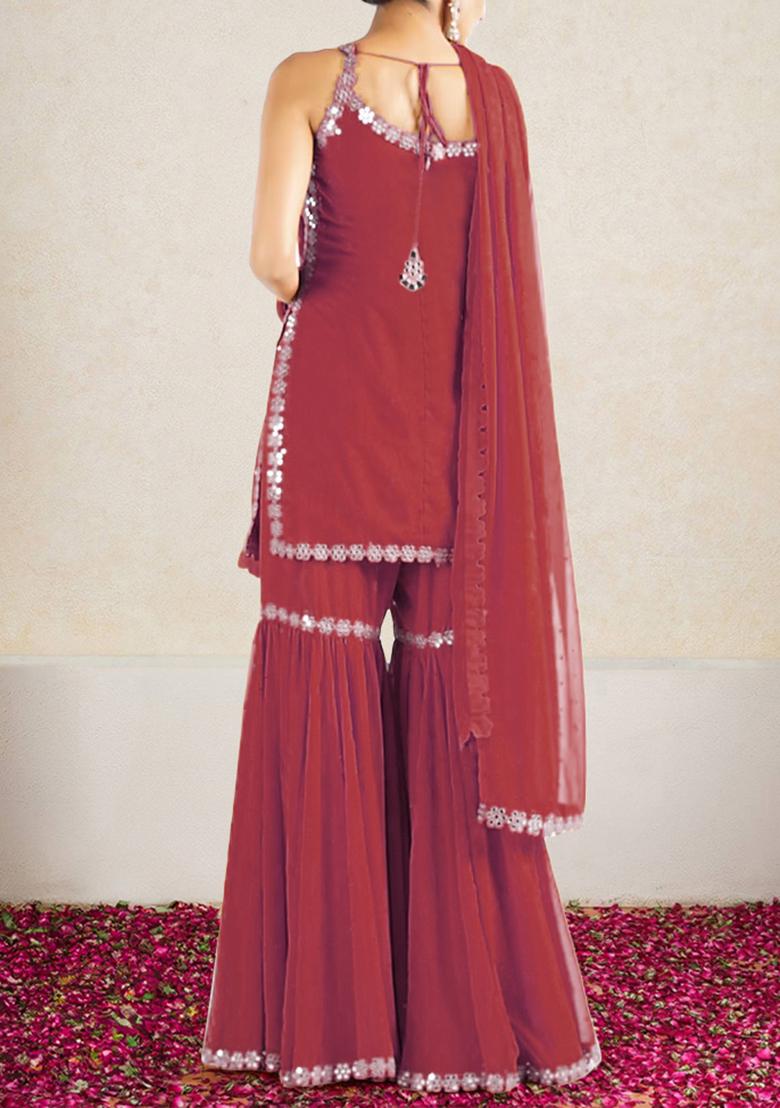 Red Sharara Set With Hand Embroidered Kurta And Dupatta