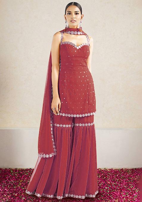 Red Sharara Set With Hand Embroidered Kurta And Dupatta