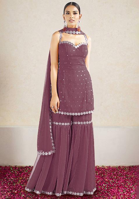 Mauve Sharara Set With Hand Embroidered Kurta And Dupatta