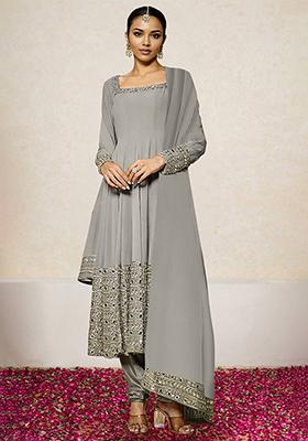 Grey Kurta Set With Hand Embroidered Salwar And Dupatta
