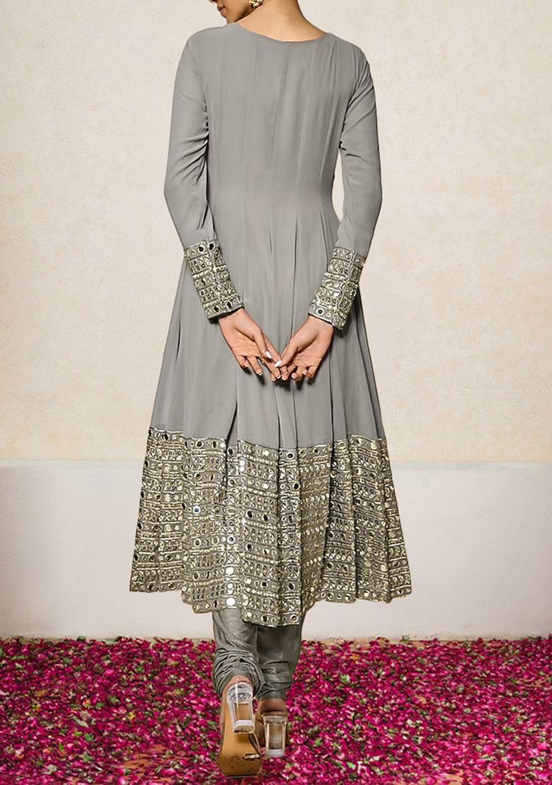 Grey Kurta Set With Hand Embroidered Salwar And Dupatta