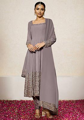 Dark Mauve Kurta Set With Hand Embroidered Salwar And Dupatta