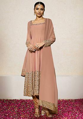 Peach Kurta Set With Hand Embroidered Salwar And Dupatta