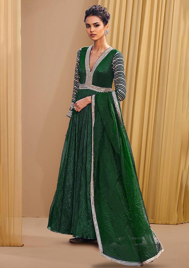 Green Anarkali Set With Hand Embroidered Dupatta