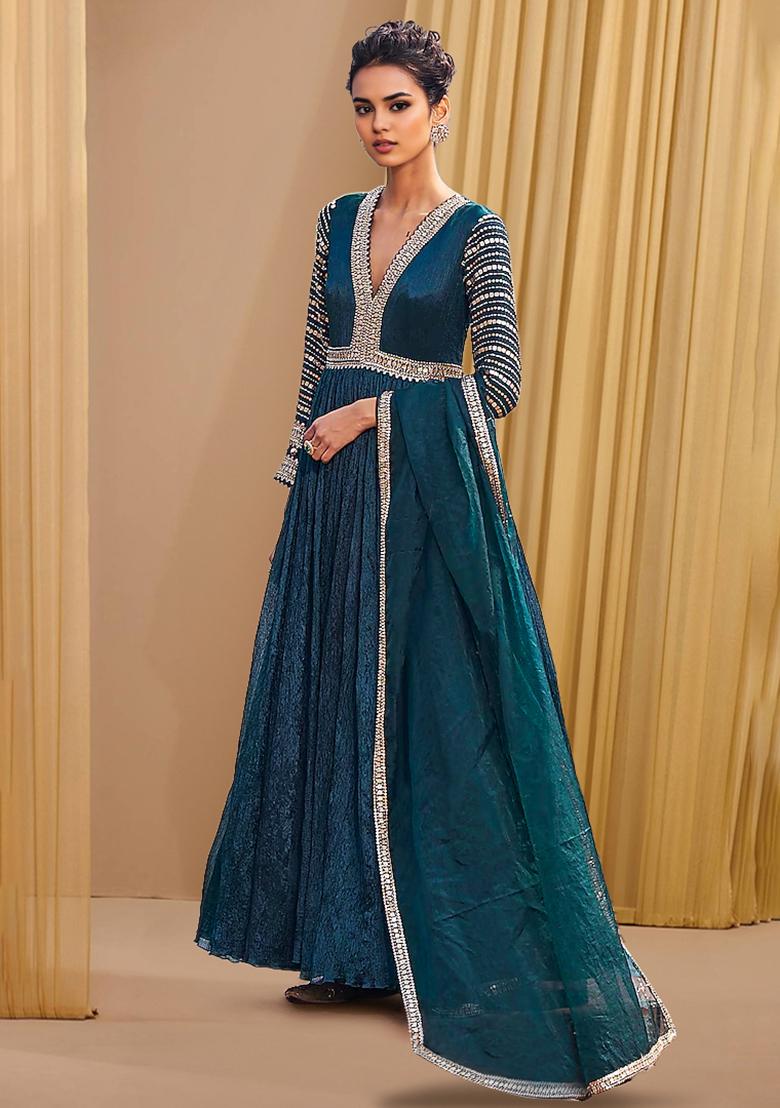 Teal Blue Anarkali Set With Hand Embroidered Dupatta