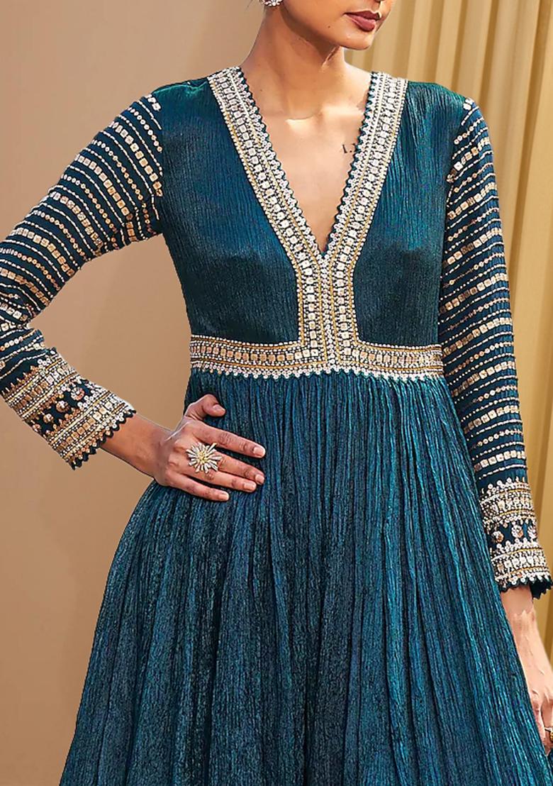 Teal Blue Anarkali Set With Hand Embroidered Dupatta