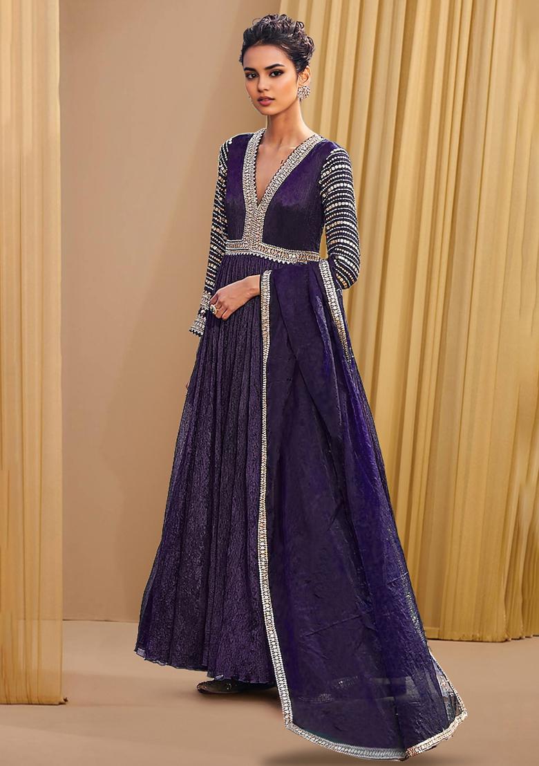 Purple Anarkali Set With Hand Embroidered Dupatta