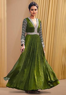 Olive Green Anarkali Set With Hand Embroidered Dupatta