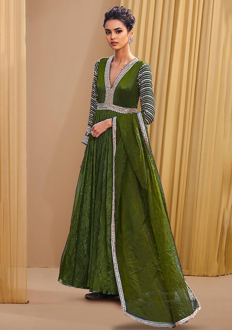 Olive Green Anarkali Set With Hand Embroidered Dupatta