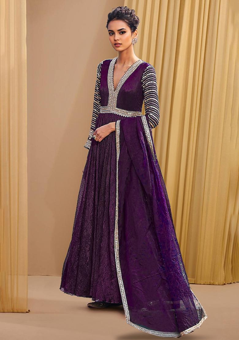 Plum Purple Anarkali Set With Hand Embroidered Dupatta