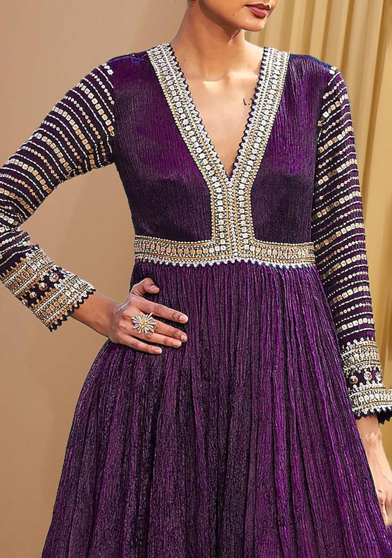 Plum Purple Anarkali Set With Hand Embroidered Dupatta