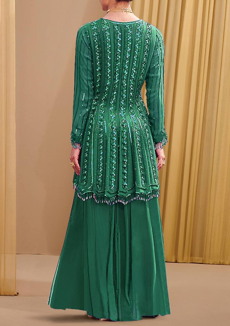 Green Palazzo Set With Hand Embroidered Kurta And Dupatta