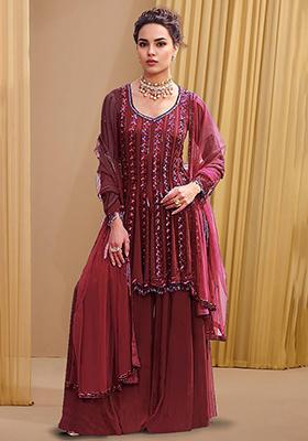 Brick Red Palazzo Set With Hand Embroidered Kurta And Dupatta