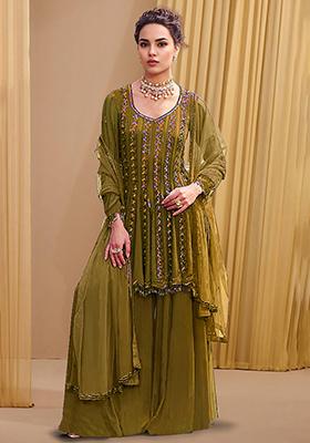 Olive Palazzo Set With Hand Embroidered Kurta And Dupatta