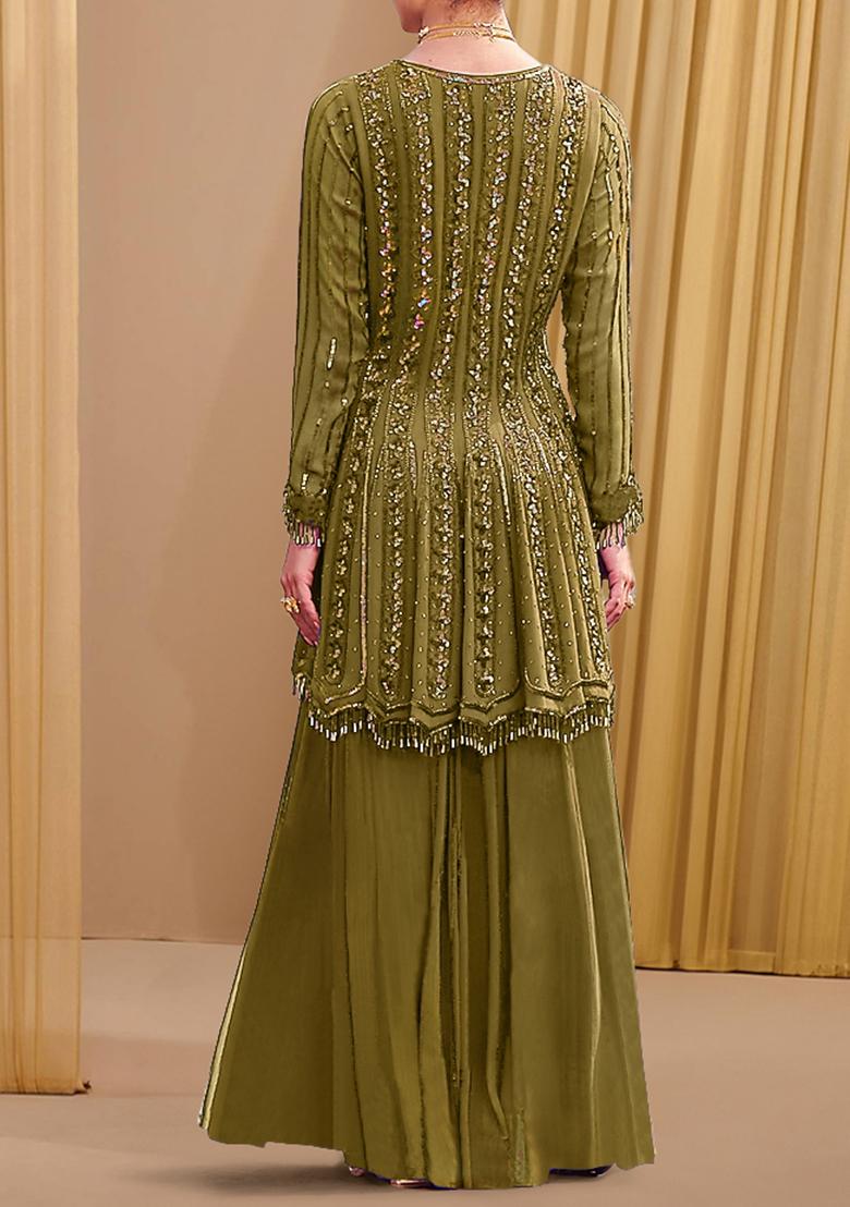 Olive Palazzo Set With Hand Embroidered Kurta And Dupatta