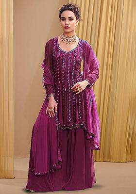 Plum Purple Palazzo Set With Hand Embroidered Kurta And Dupatta