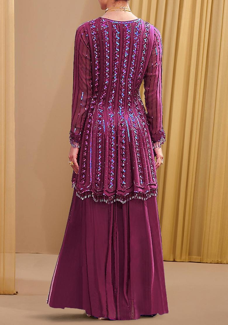 Plum Purple Palazzo Set With Hand Embroidered Kurta And Dupatta