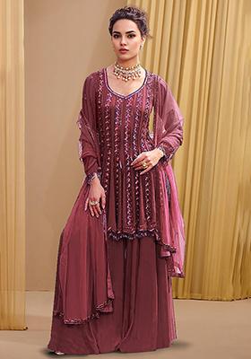 Mud Brown Palazzo Set With Hand Embroidered Kurta And Dupatta