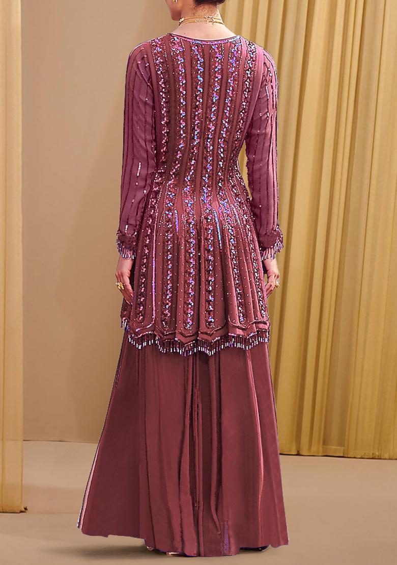 Mud Brown Palazzo Set With Hand Embroidered Kurta And Dupatta