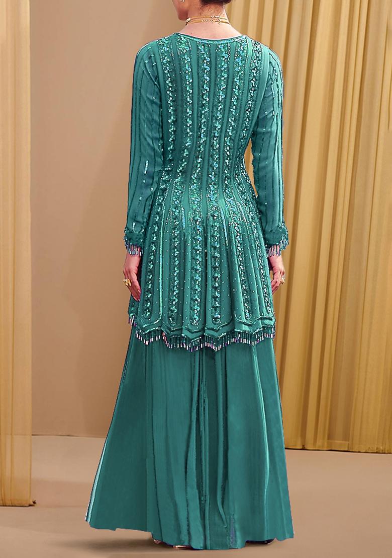 Turquoise Palazzo Set With Hand Embroidered Kurta And Dupatta