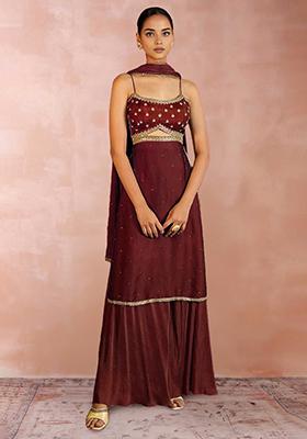 Brown Red Palazzo Set With Hand Embroidered Kurta And Dupatta