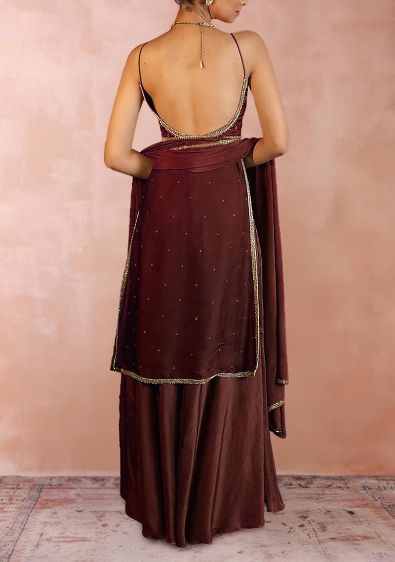 Brown Red Palazzo Set With Hand Embroidered Kurta And Dupatta