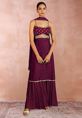 Purple Palazzo Set With Hand Embroidered Kurta And Dupatta