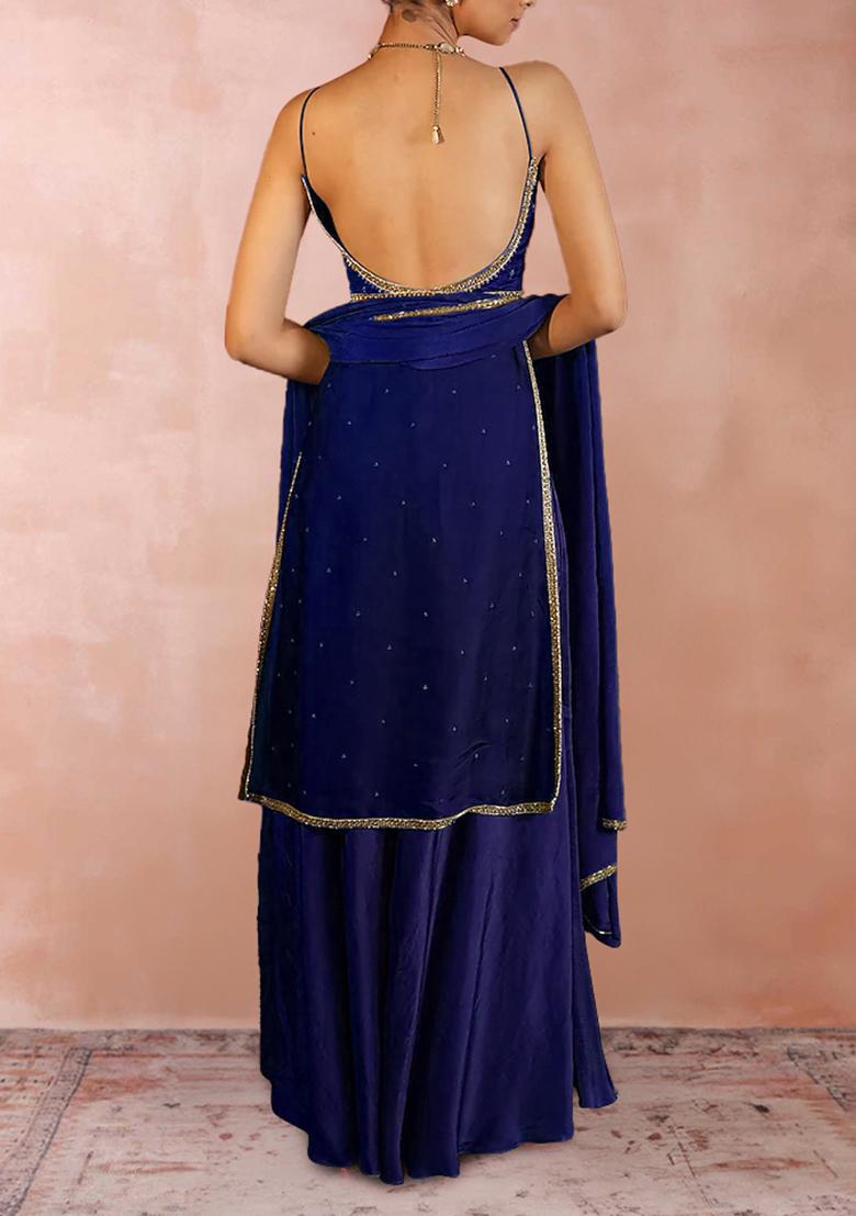 Blue Palazzo Set With Hand Embroidered Kurta And Dupatta