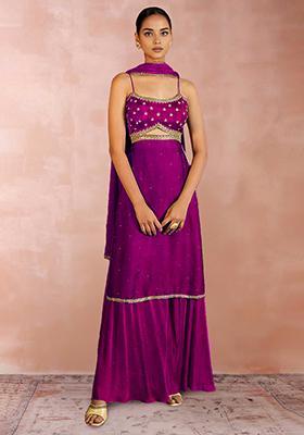 Plum Purple Palazzo Set With Hand Embroidered Kurta And Dupatta